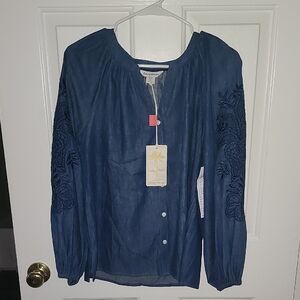 Tommy Bahama Navy Blouse with Floral Embroidery